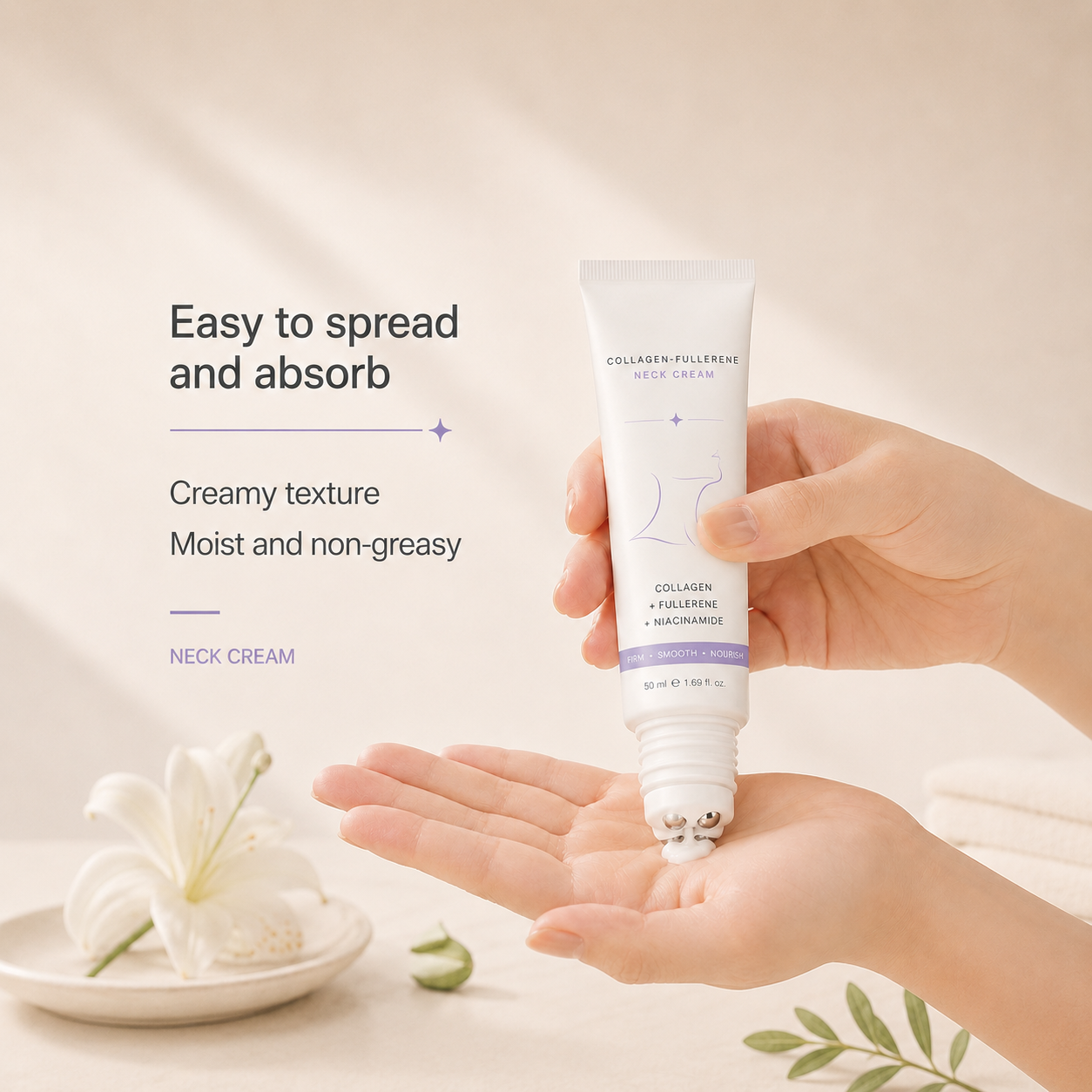 5-Roller Neck Firming Cream – Collagen & Hyaluronic Acid for Smoother, Tighter-Looking Neck Skin